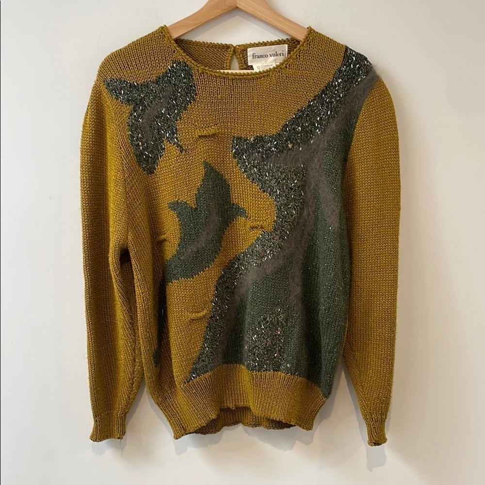 Franco Valeri vintage Gold Sparkle mustard knit sweater multicolor pattern  L